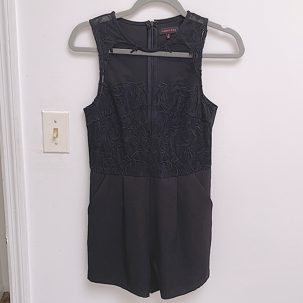 Nasty Gal Black Lace Sheer Romper Size Small (with pockets)